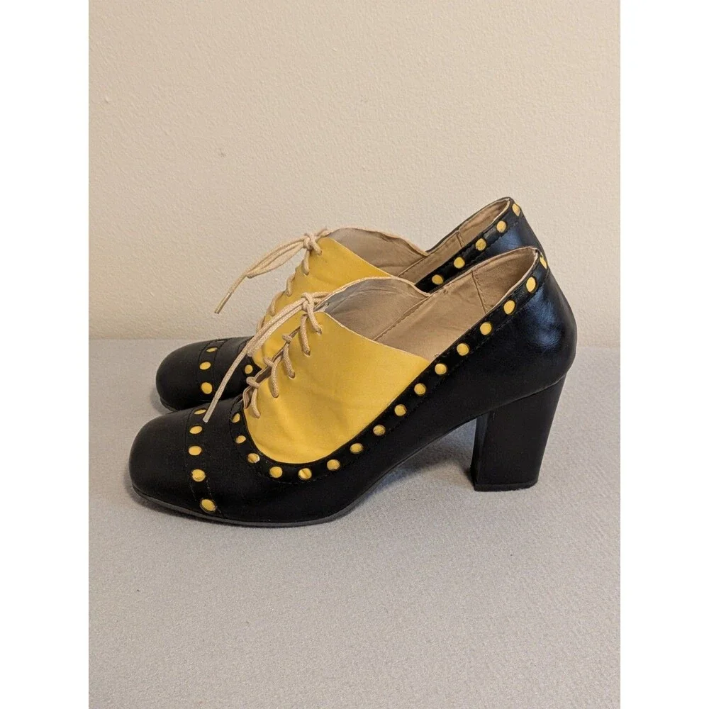 Vintage Style Black Yellow Oxford Brogue Pumps Artsy Spectator Heels EU 43